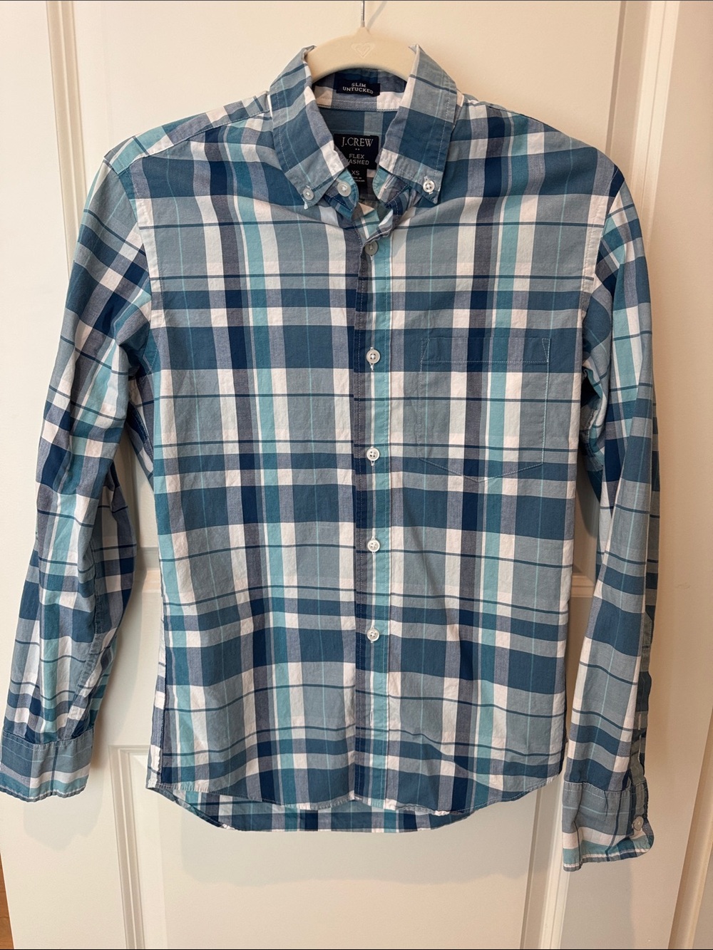 J. Crew Flex Washed Slim Untucked Blue and White Plaid Button-Down Shirt - Men's - Picture 1 of 2